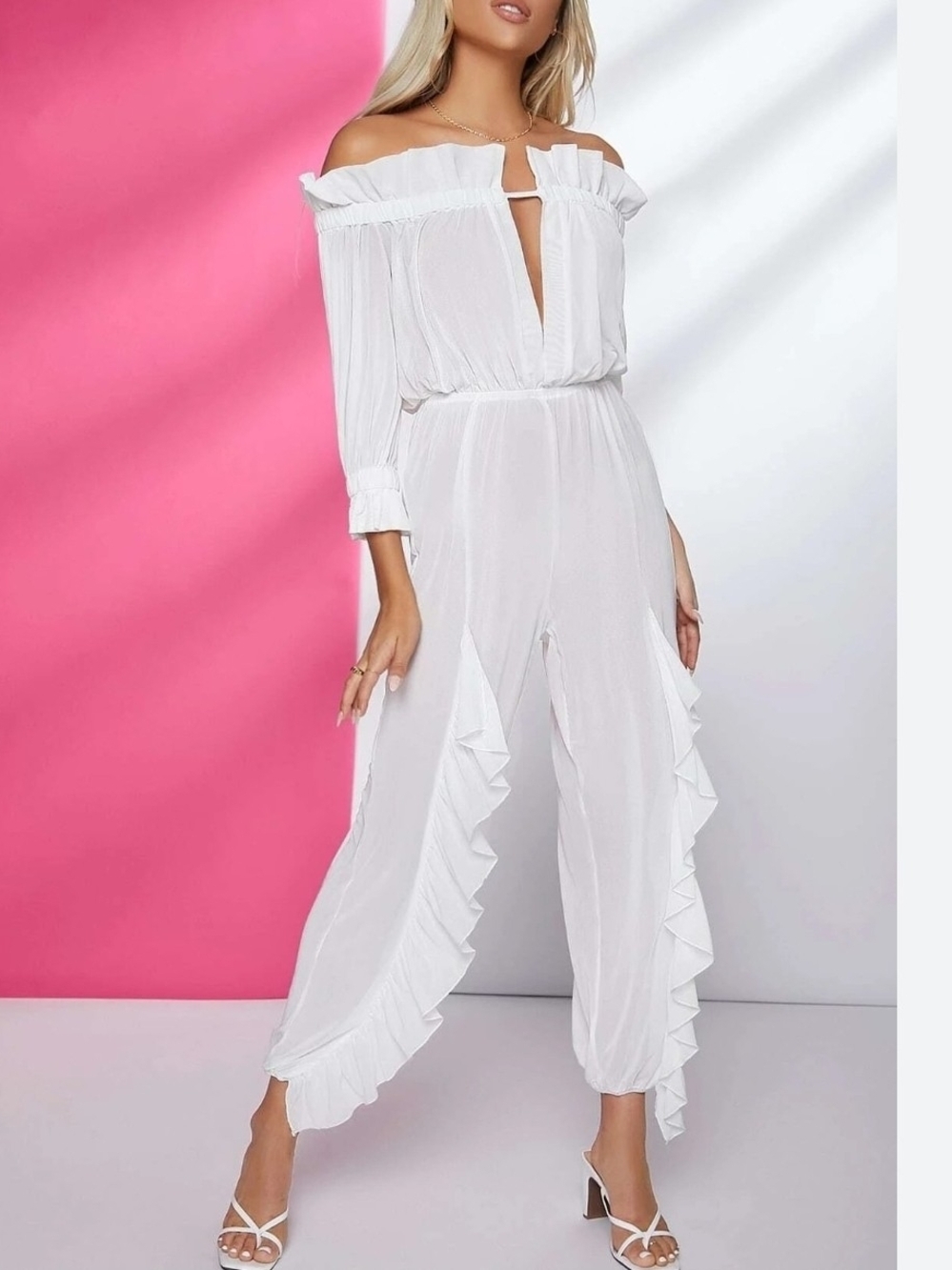 SHEIN White Off-Shoulder Ruffle Jumpsuit Swim Coverup Xs
